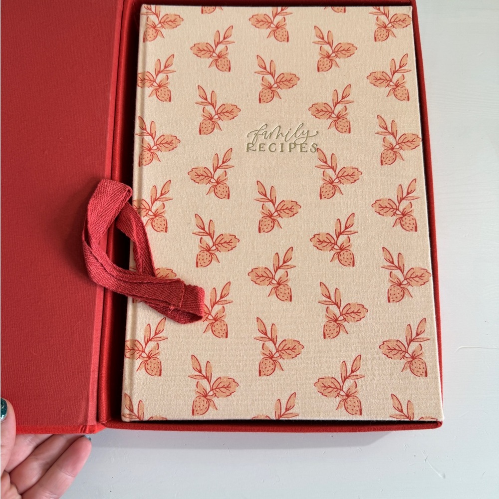 Family Recipes Journal with Red and Cream Strawberry Design in Red Box